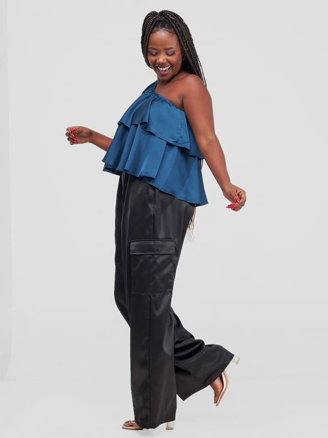 Zoya Naya One Shoulder Flounce Satin Crop Top - Teal