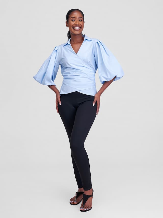 Safari Mali 3/4 Bishop Sleeve  Tie Top - Baby Blue