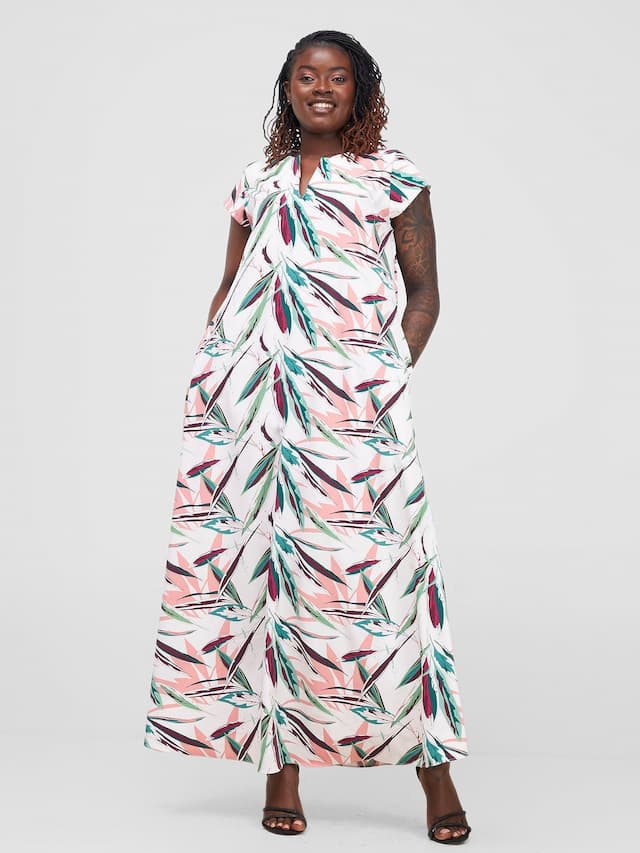 Vivo V Neck Cap Sleeve Maxi Dress - White / Green Print
