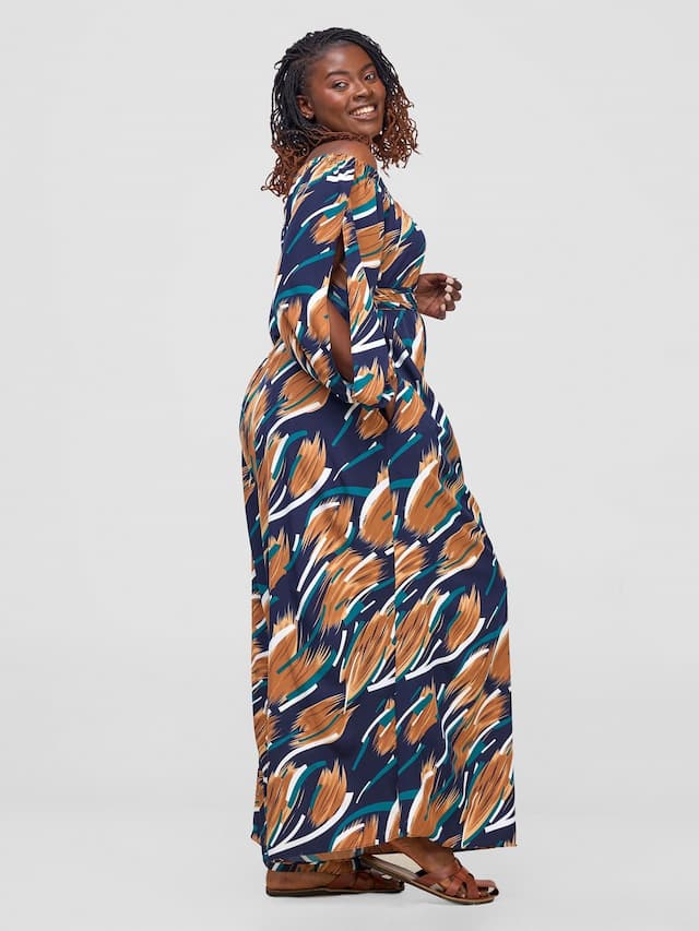 Vivo Yumi Off Shoulder Jumpsuit  - Brown / Green Print