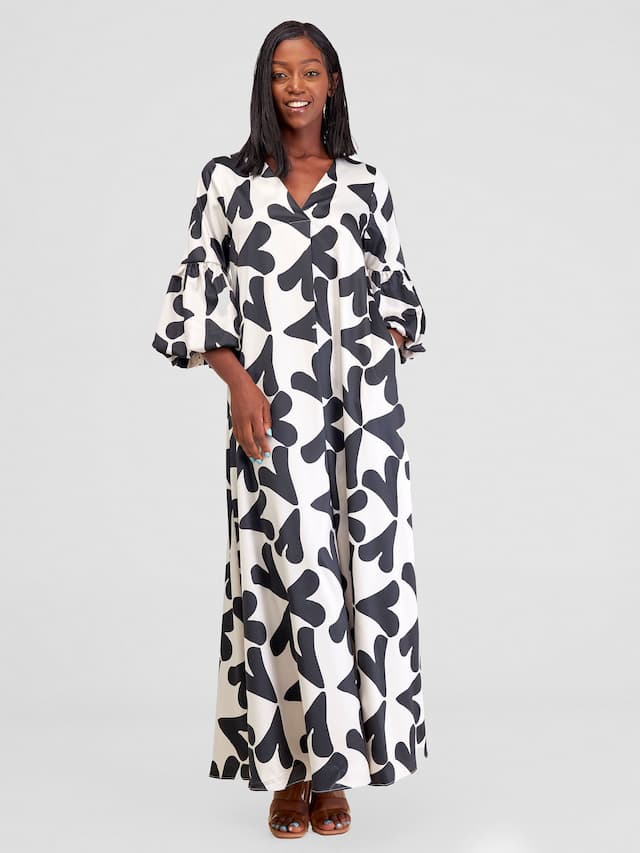 Vivo Hanabi Tent Maxi Dress - White / Black Zawi Print