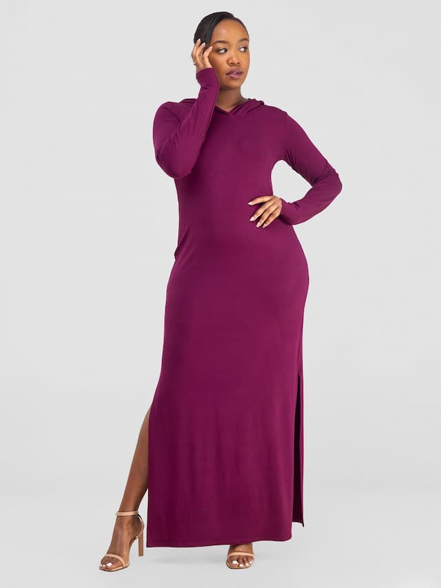 Vivo Kala Side Slit Hooded Maxi Dress - Burgundy