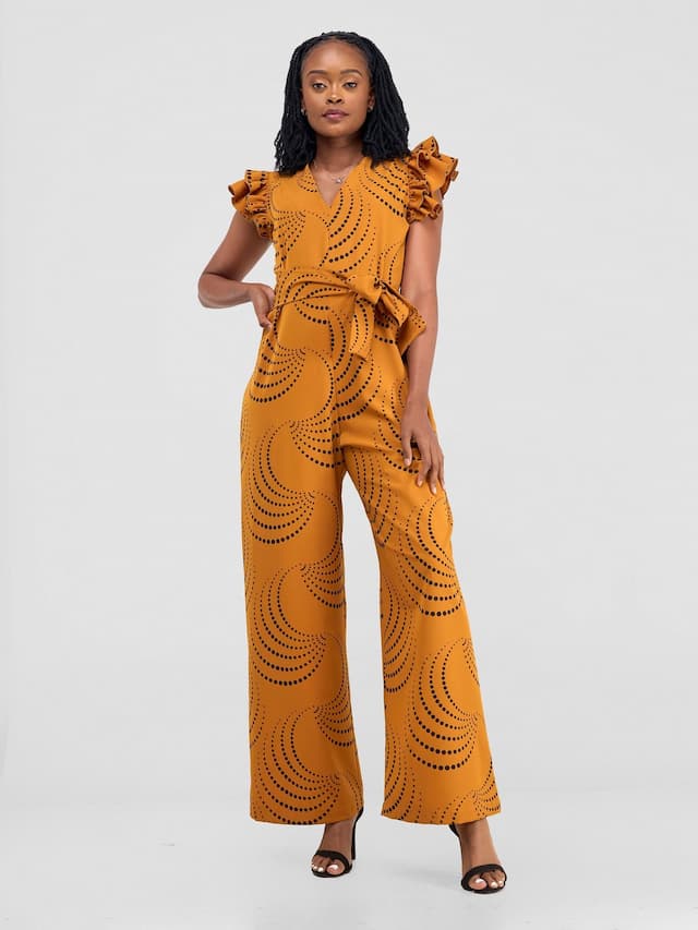 Vivo Nasinka Ruffle Sleeve Jumpsuit - Dark Mustard / Black Sinka Print