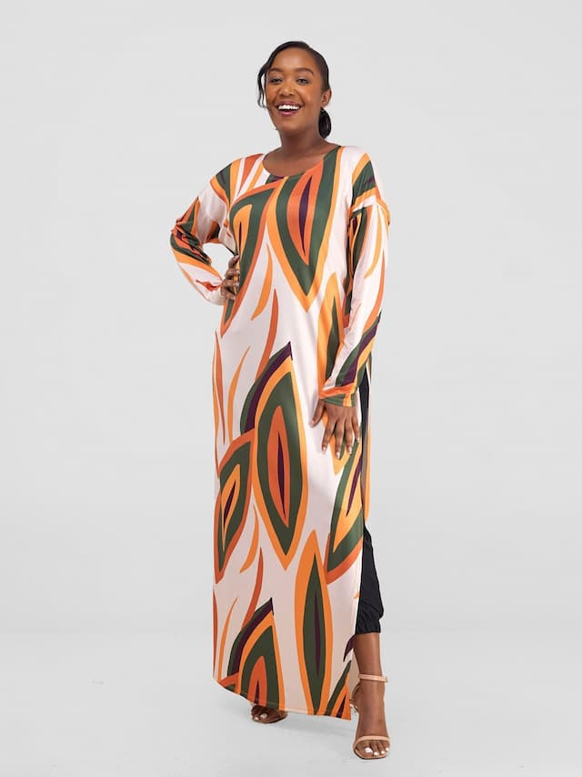 Vivo Kala Loose Maxi Top - Taupe / Orange Bemba Print