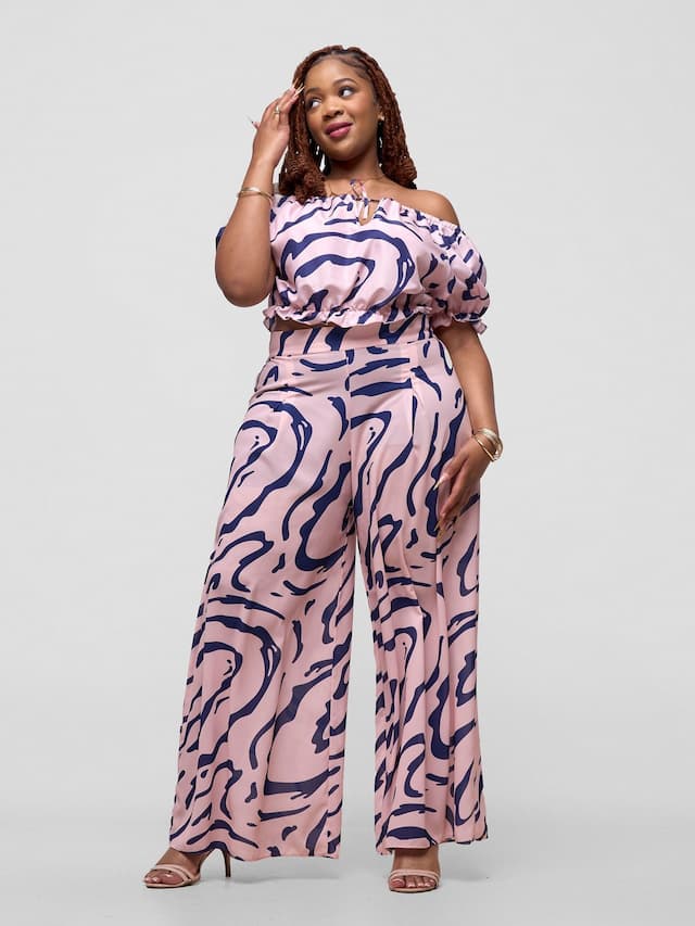 Zoya Shani Off Shoulder Crop Top - Navy / Peach Sani Print