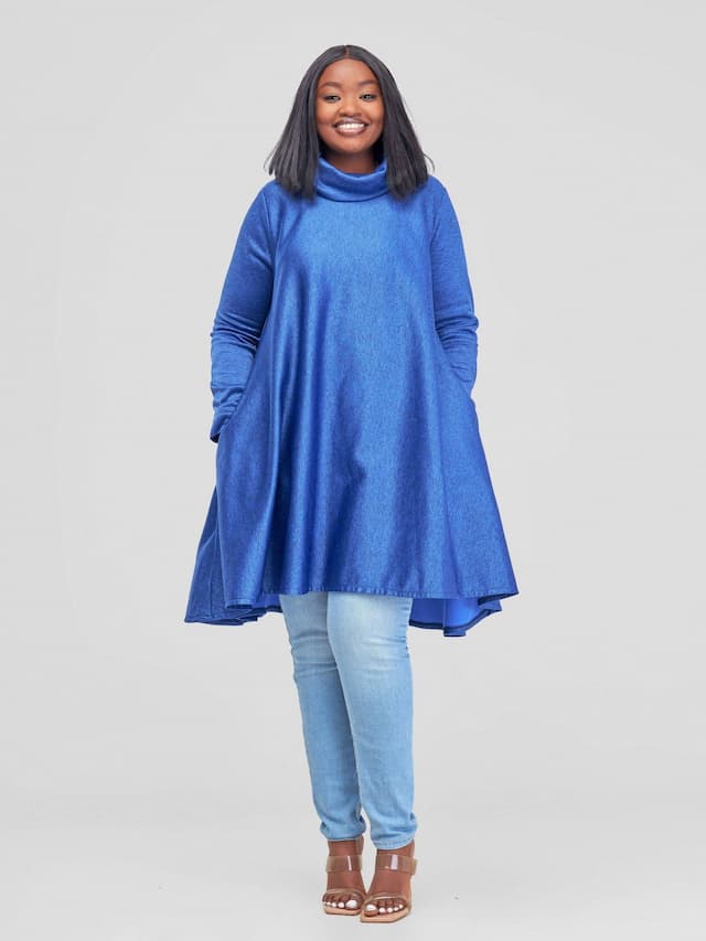 Khay Designs Fleece Dress With Ankara Pockets - Navy Blue