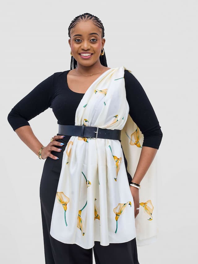 Afrodame Floral Luxurious Silk Scarf - Cream