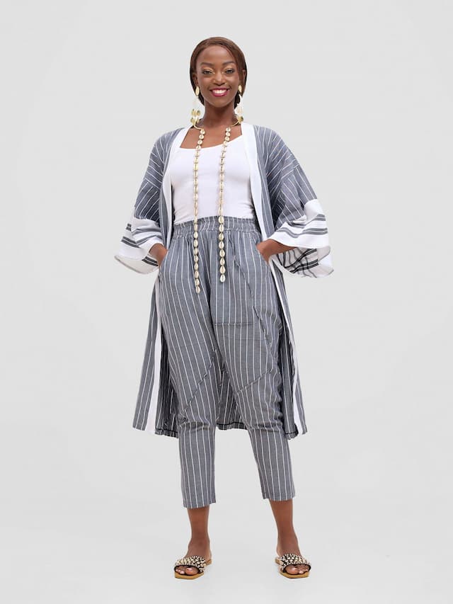 Liquid Lemn Mistari Cozy Striped Kimono Set - Grey / White