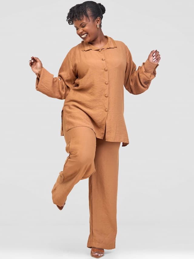 Inroses Linen Pant Set - Nude / Brown