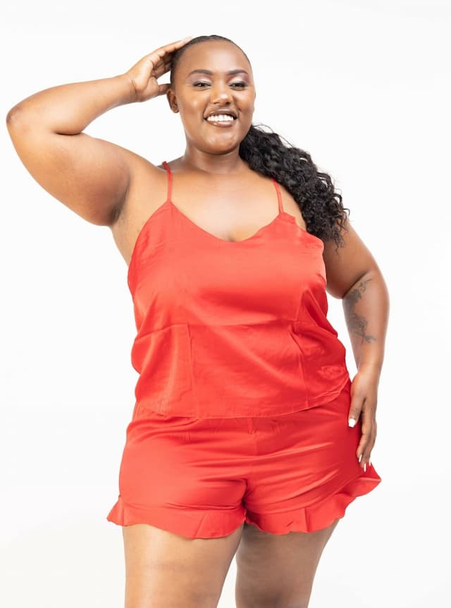 Intimates Kenya Camisole Satin Chiffon Sleepwear with Ruffle Short Pants - Red