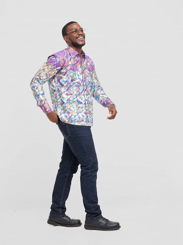 Mendilines Warm African Shirt - Purple / Blue Print