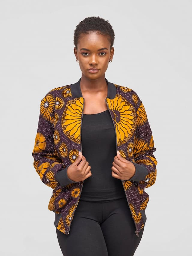 Khay Designs Ankara and Fleece Bomber Jacket - Burnt Orange