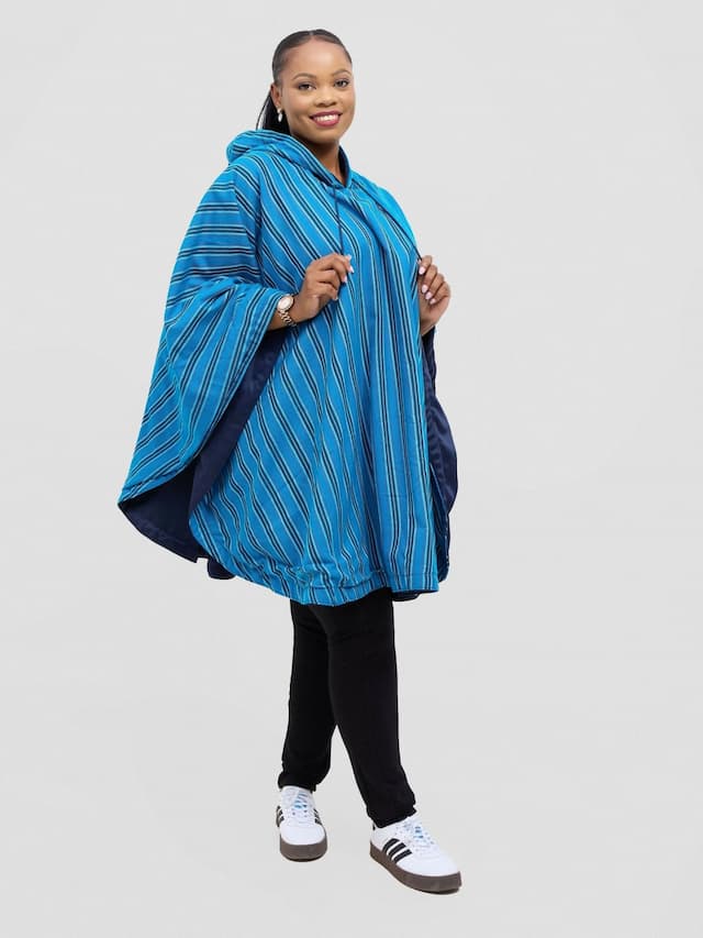 Tulia Hood Poncho - Stripped Blue