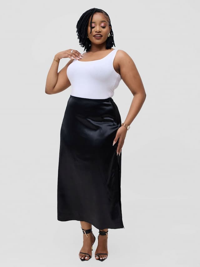 Pure Buxom Satin Slip Skirt - Black