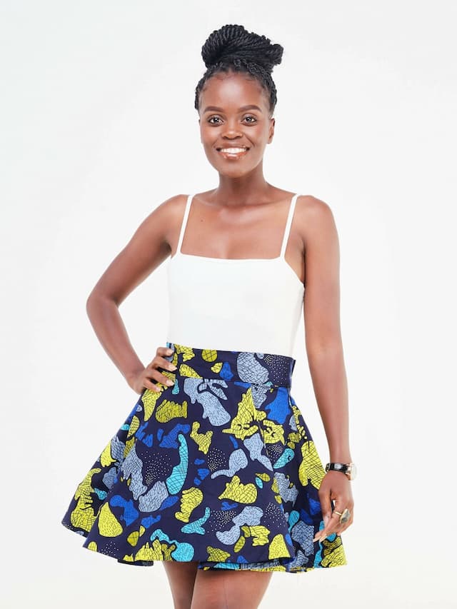 Vazi Afriq Ankara Skater Skirt - Turquoise / Navy Blue