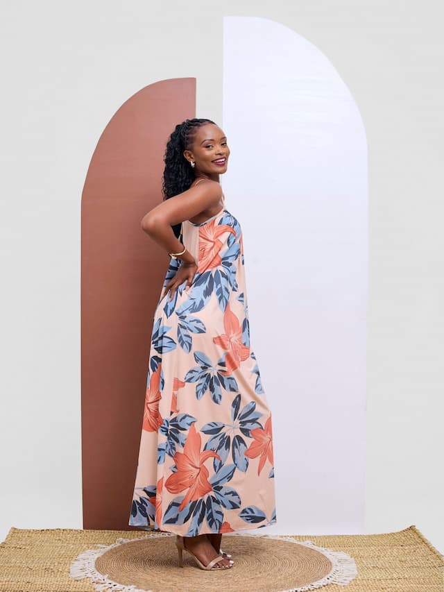 Vivo Sarabi Strappy Low Back Maxi Dress - Teal / Hot Pink Kira Print