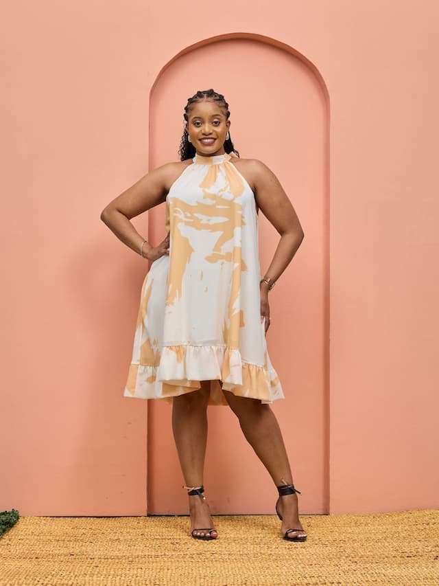 Vivo Beali Baby Doll Dress - Off White / Gold Lea Print
