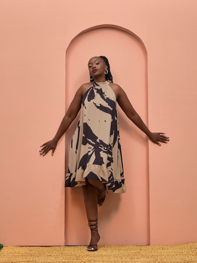 Vivo Beali Baby Doll Dress - Light Tan / Chocolate Lea Print