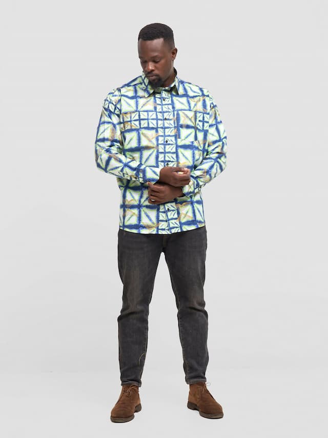 Mendilines Warm African Print Shirt - Green / Blue Print