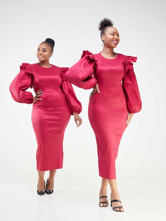 Ruffled Shoulders Bandage Dress - Burgundy