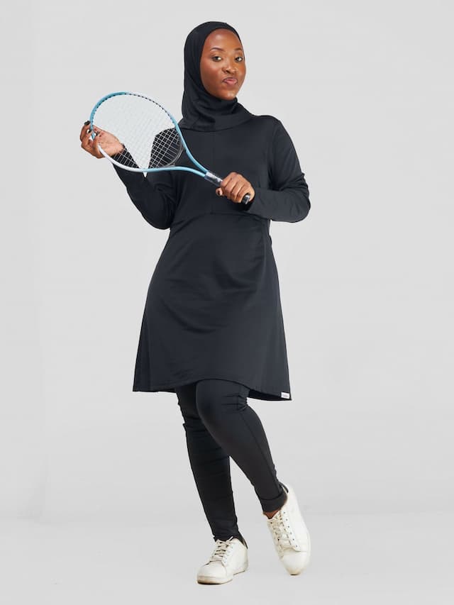 Modest Workout Skirt Jumpsuit With Hijab Set - Black