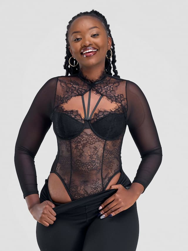 Posh Lingerie & More Lace Bodysuit Long Sleeved Lingerie - Black