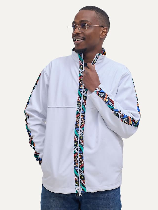 Kitu Kali Men's Softshell Full Sleeve Jacket - White / Blue Tribal