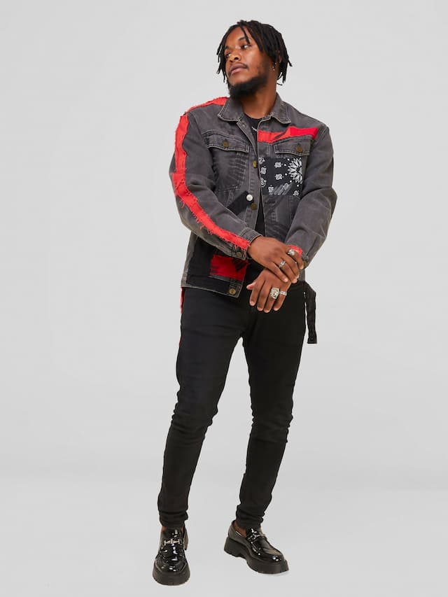 Anime Themed Denim Jacket - Grey / Red