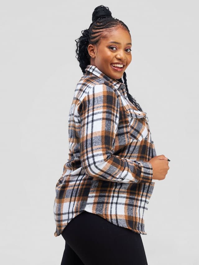 Stylish Sisters Ladies Flannel Shirt - Brown / White