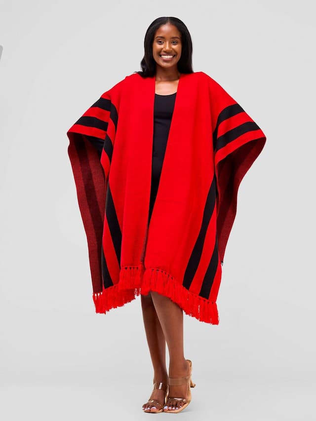 Stari Fringe Poncho - Red / Black