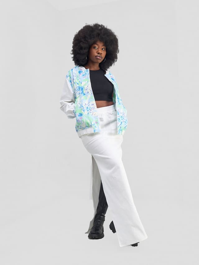 Zoya Banda Unisex Letterman Jacket - Green / Blue Print + White