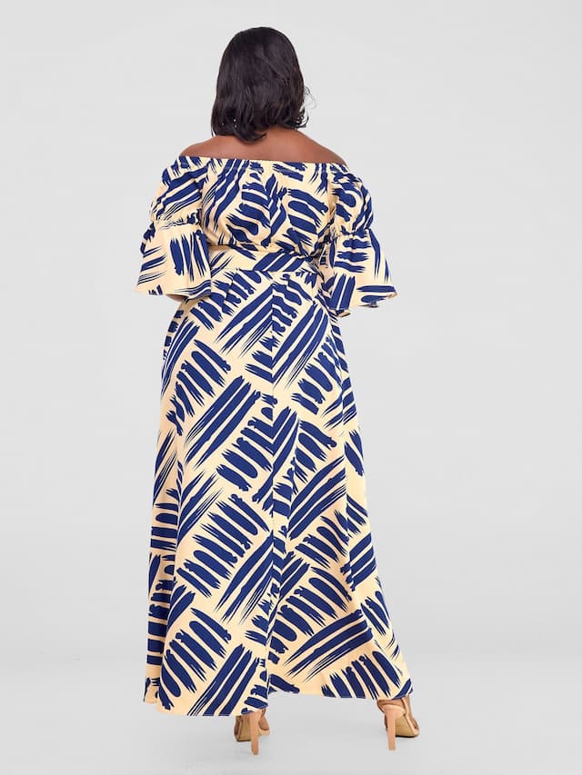 Vivo Tana Off Shoulder Maxi Dress - Navy Blue / Cream Print