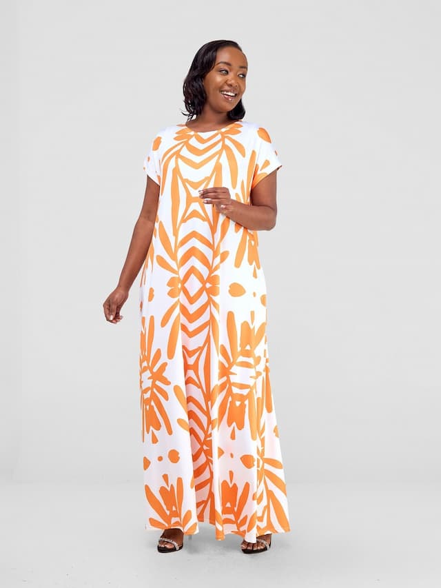 Vivo Kala Maxi Dress - White / Orange Ukwi Print