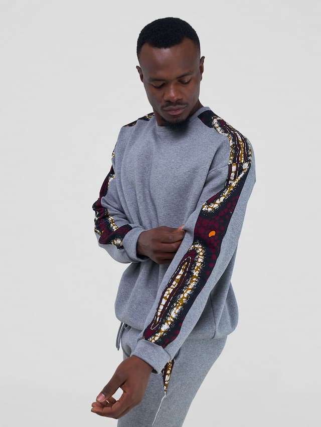 Safari by Vivo Kitenge Men's Sweatshirt - Grey/ Neba Print
