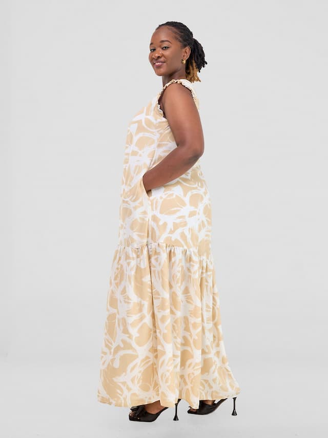 Vivo Ava Tent Flounce Maxi Dress - Taupe / White Print