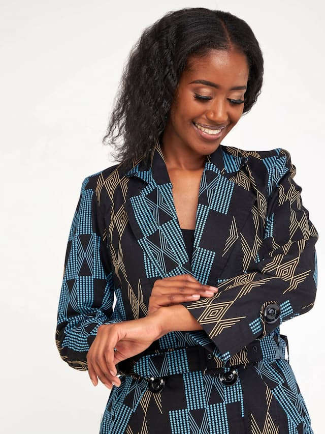 Mnubistyle Zena Trench Coat - Black / Blue Print