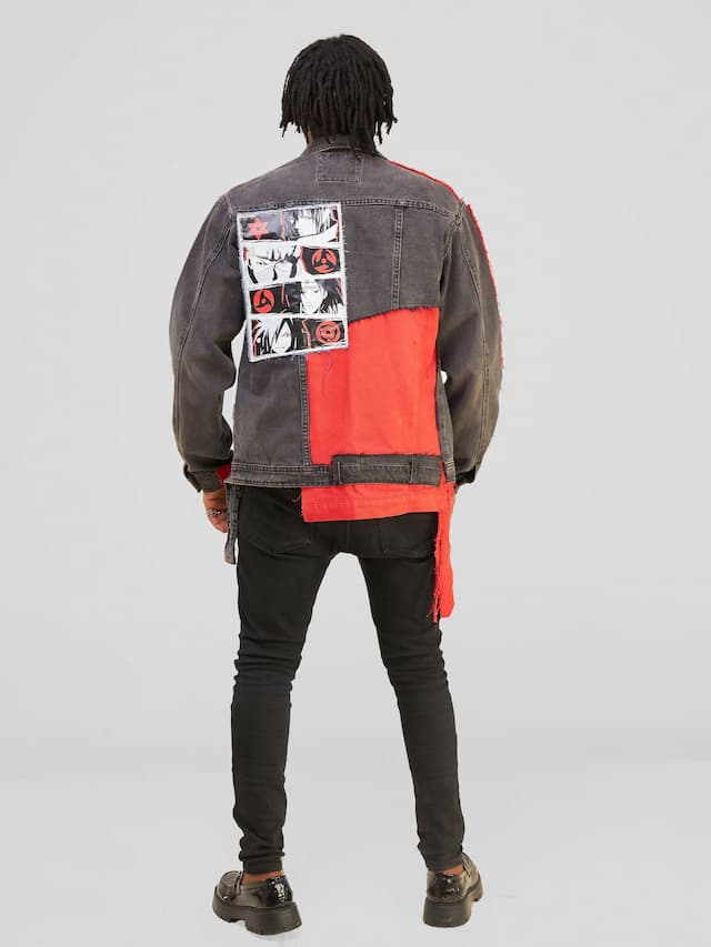 Anime Themed Denim Jacket - Grey / Red