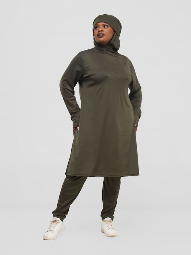 Modest Workout Hooded Tunic Top & Legging Set - Olive Green