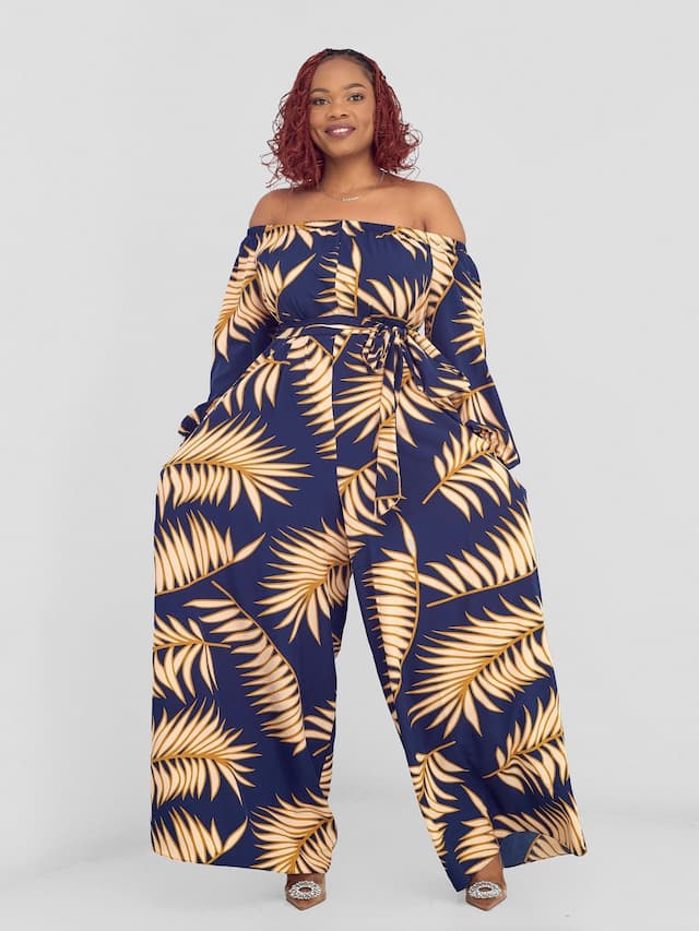 Vivo Yumi Off Shoulder Jumpsuit - Navy / Peach Palm Leaves