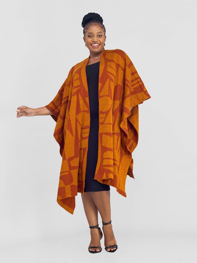 Vivo Reversible Poncho without Fringes - Rust / Mustard  Samba Print