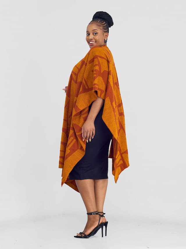 Vivo Reversible Poncho without Fringes - Rust / Mustard  Samba Print
