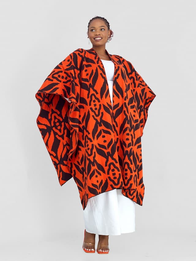 Vivo Reversible Poncho without Fringes - Chocolate Brown / Orange Ukwi Print