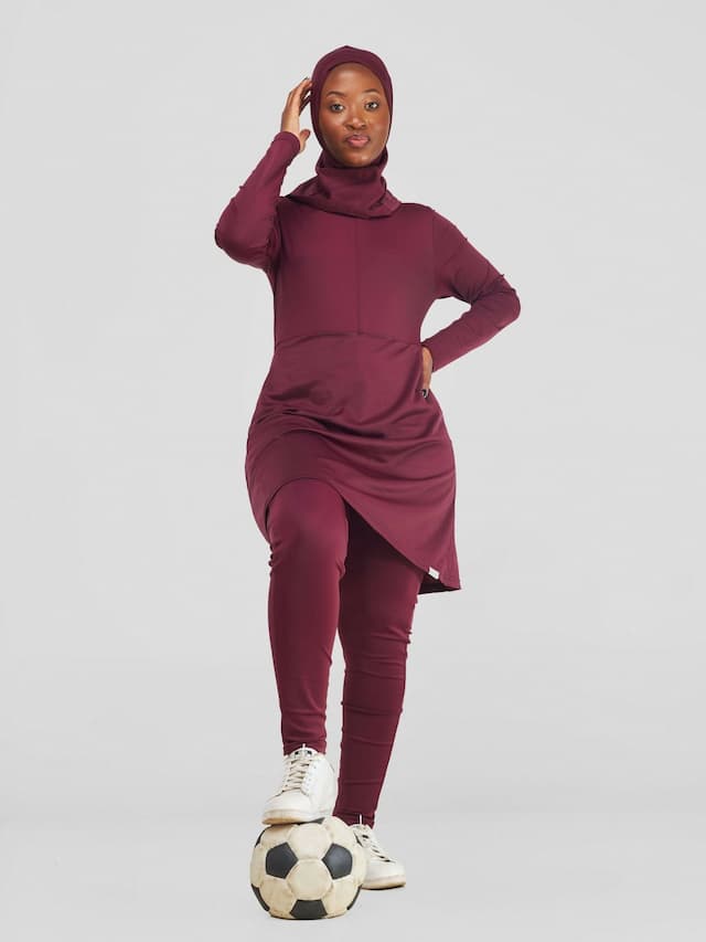 Modest Workout Skirt Jumpsuit With Hijab Set - Maroon