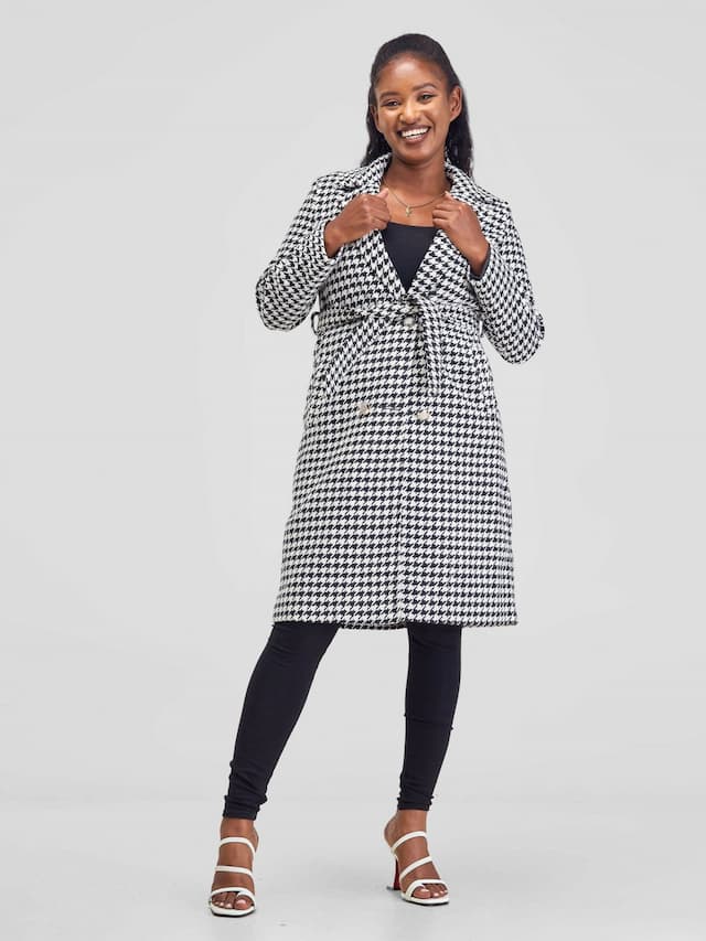 Stylish Sisters Houndstooth Trenchcoat Jacket - Black / White