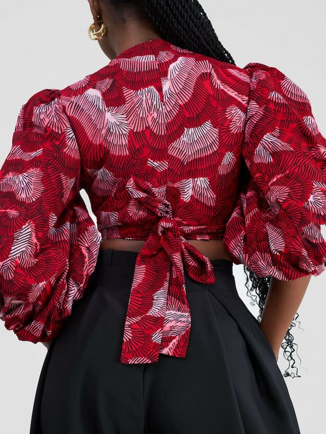 Alora African Print Wrap Top - Red & White Print