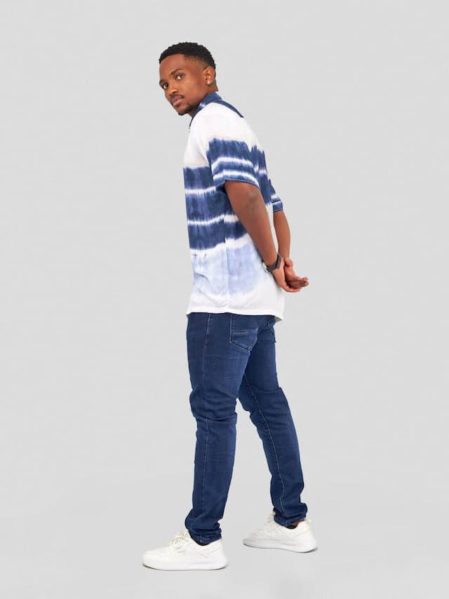 Vazi Afriq Tie & Dye Normal Collar Shirt - Navy Blue / White