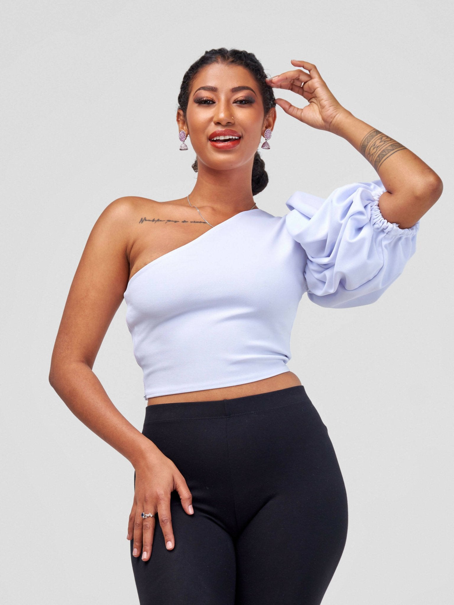 Chic Clique One Hand Ruffle Sleeve Top - White