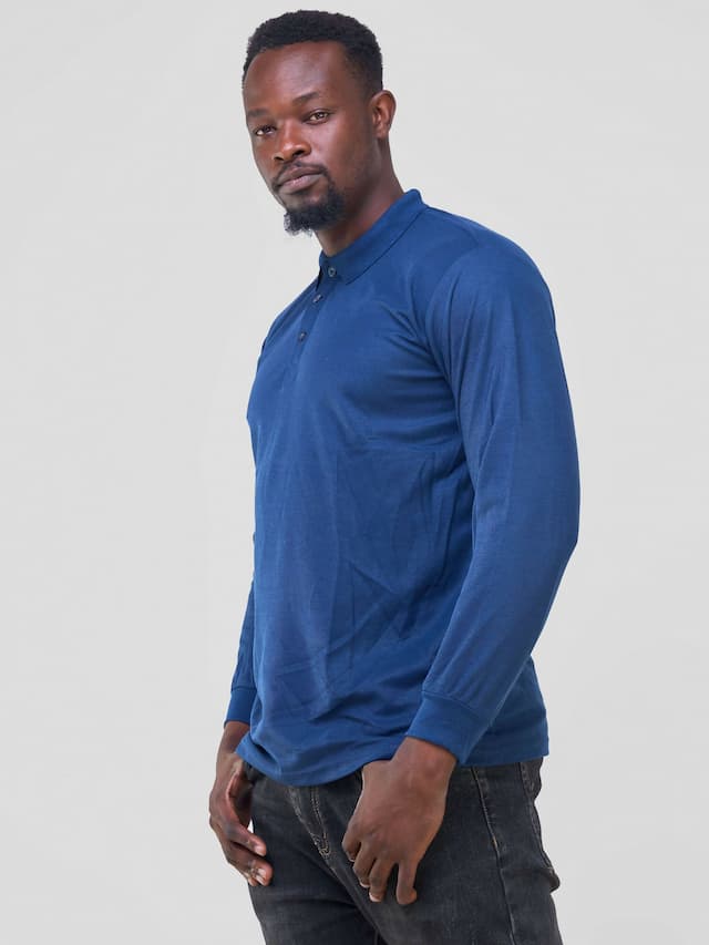 Long Sleeved Polo T- Shirt - Navy Blue