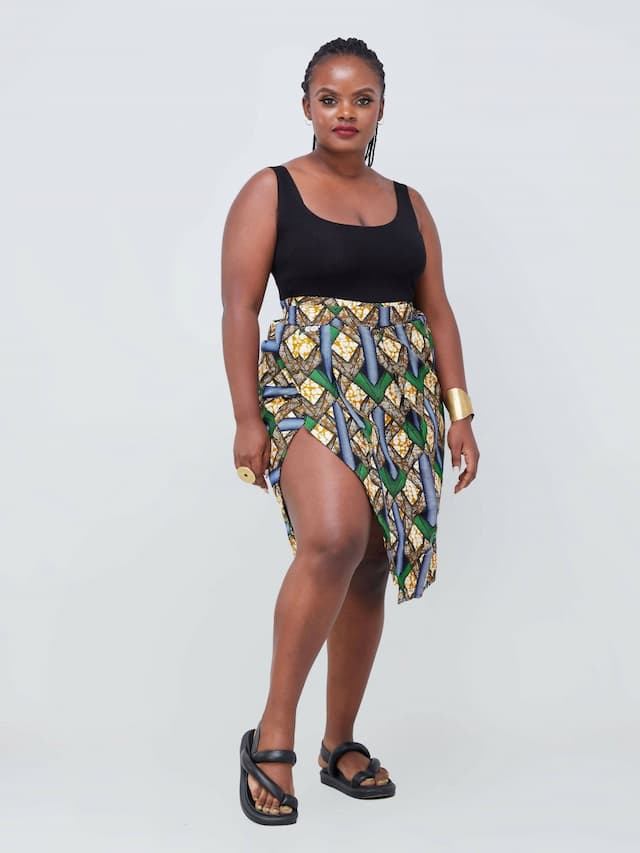 Vazi Afriq Ankara Wrap Skirt - Beige / Green