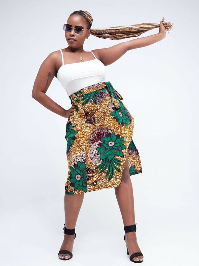 Vazi Afriq Ankara Wrap Skirt - Beige / Green Print